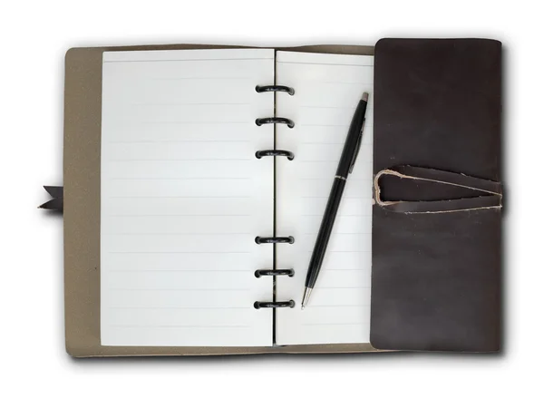 Cuaderno de cubierta de cuero marrón viejo abierto — Foto de Stock