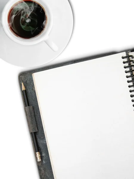 Taça branca de café e um rosto branco página em branco — Fotografia de Stock