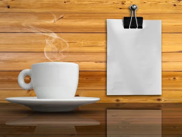 A white cup of coffee and white paper — Stock Photo, Image