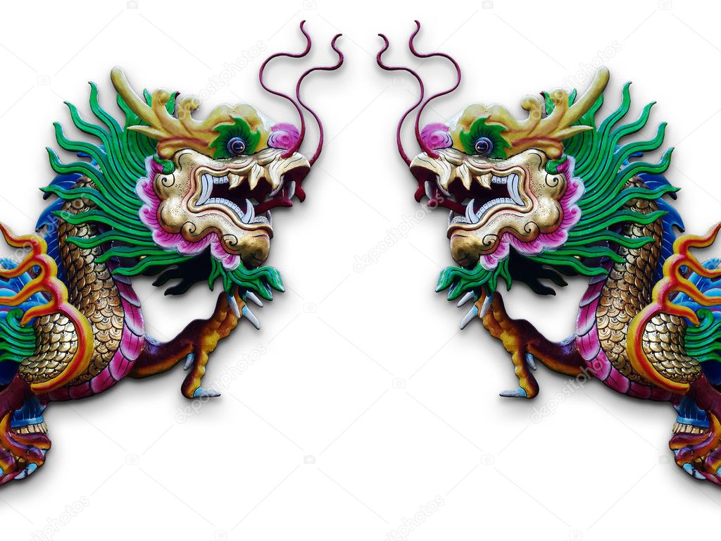 Twin Chinese Dragon statue on white