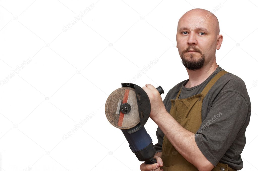 Bald-headed worker with circular saw isolated on white