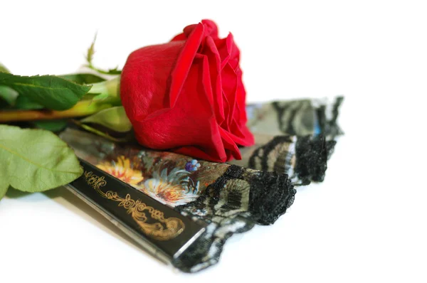 Dark flamenco fan and rose — Stock Photo, Image