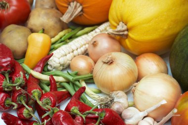 Harvest. Fresh ripe vegetables: tomatoes, pumpkins, onion, pepper, potatoes etc. clipart