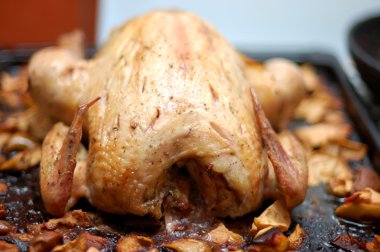 Fried chicken stuffed with apples on baking tray clipart