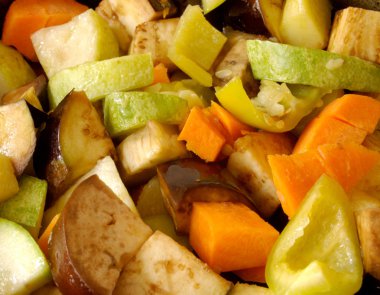 Stewed vegetables: potatos, carrots, aubergines, vegetable marro clipart