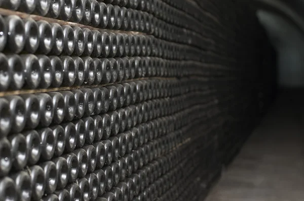 Eski yaşlı dusted şişe şarap ile tünel. şarap yapımı tesisleri. — Stok fotoğraf