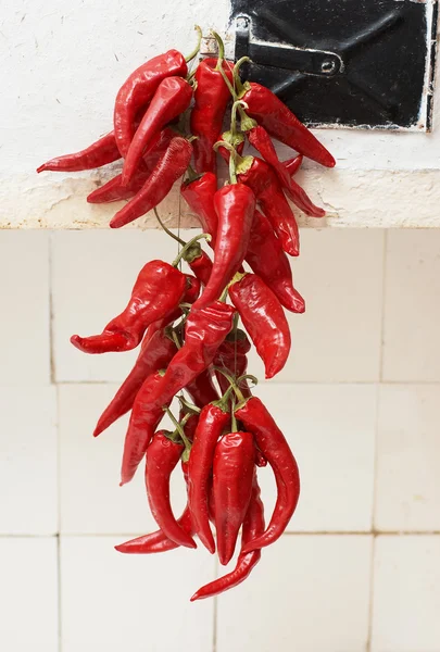 stock image Red hot pepper getting drying at rural stove