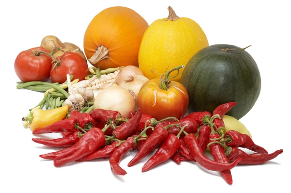 Cosecha Verduras Frescas Maduras Tomates Calabazas Cebolla Pimienta Otros — Foto de Stock
