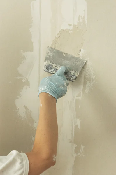 Woman Hand Palette Knife Glazing Wall — Stock Photo, Image