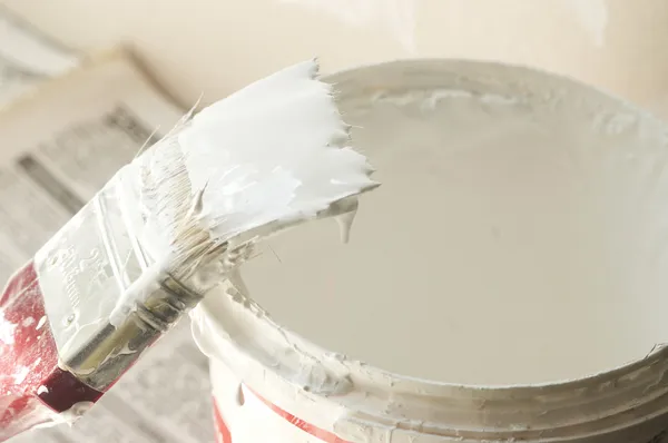Renovation Process Brush Soaked White Paint — Stock Photo, Image