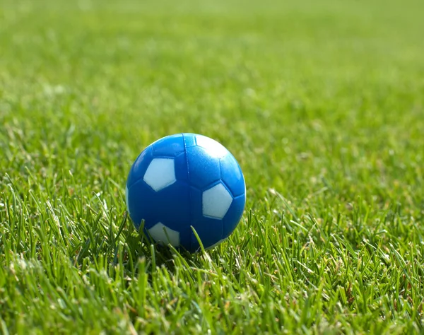 Bola de futebol azul pequena contra gol no fundo — Fotografia de Stock