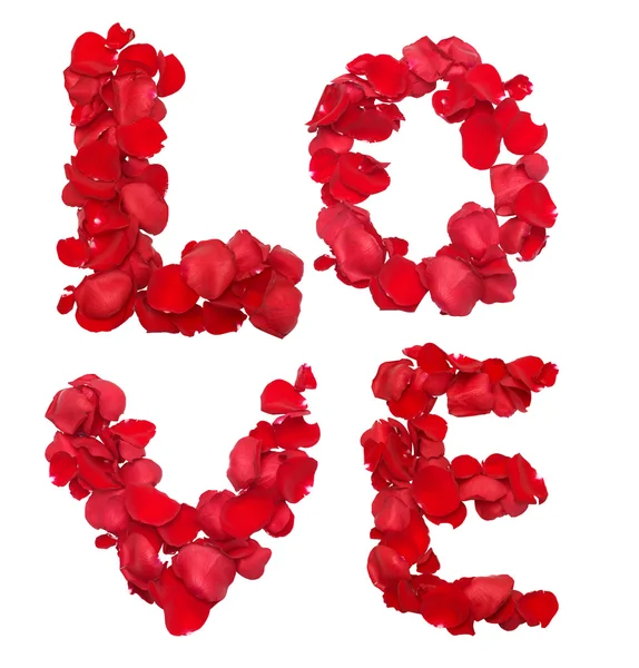 Rood roze bloemblaadjes instellen in woord liefde — Stockfoto