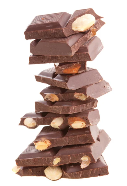 Pieces Milk Chocolate Whole Hazelnut Lined Stack Isolated White Background — Stockfoto