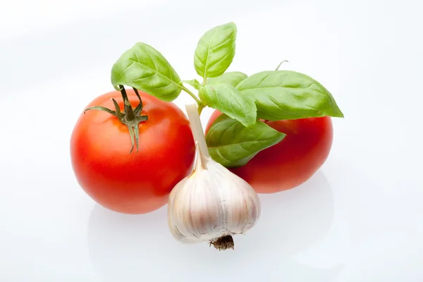 Tomato Mint Garlic Light Background Symbols Mediterranean Cuisine — Stock Photo, Image