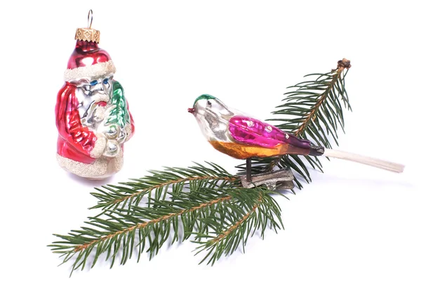 Árvore de Natal Bauble dos anos 60 pássaro e Papai Noel — Fotografia de Stock