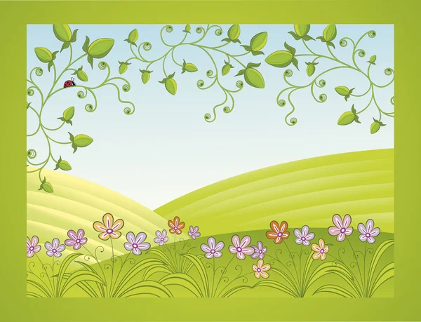 Spring Landscape Flowers Ladybug Objects Cropped Easy Remove Frame Edit — Stock Vector