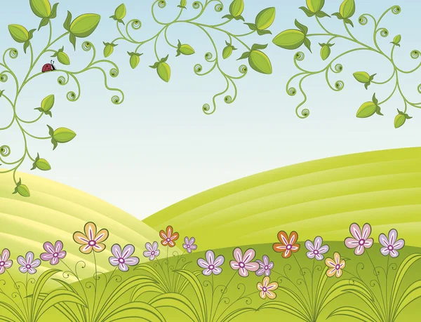 花とてんとう虫で春の風景 — ストックベクタ