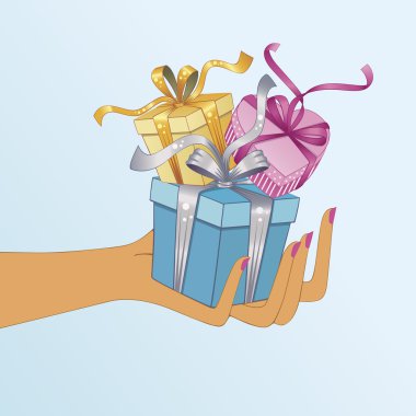 Female hand holding 3 gift boxes clipart