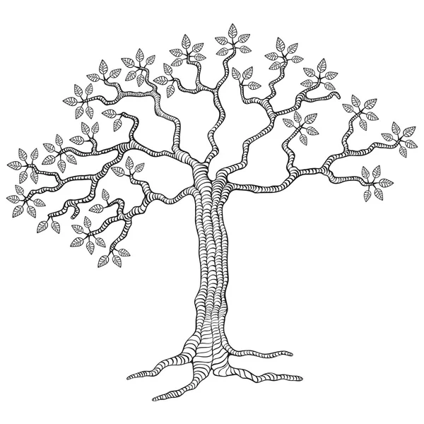 Pohon Dengan Daun Hitam Dan Putih Gaya Tinta - Stok Vektor
