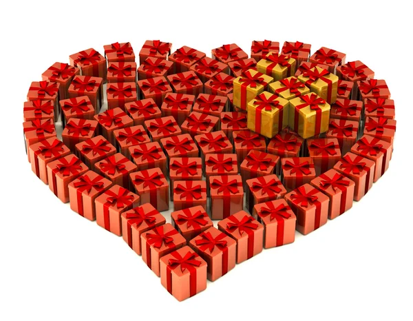 Coração de presentes vermelho e ouro — Fotografia de Stock