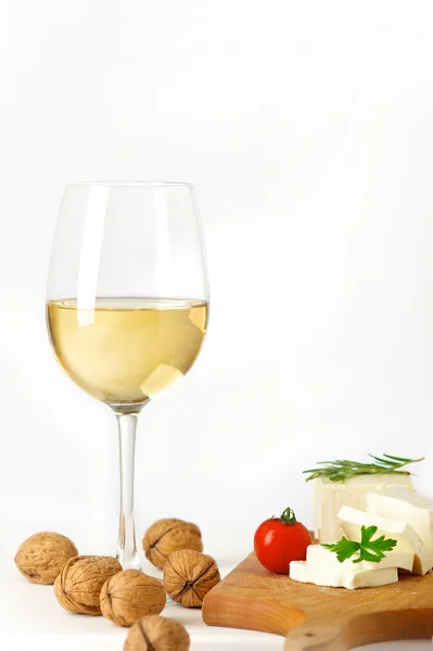 Wine Cheese Walnuts Fresh Tomatoes — Stock Photo, Image