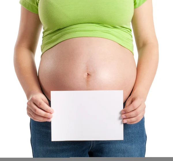 Pregnant woman with blank paper — Stock Photo, Image
