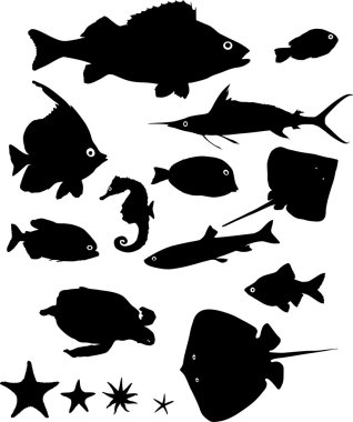 Many silhouettes of water animals clipart