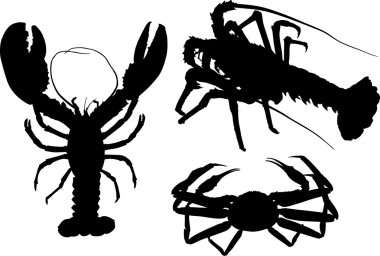 Silhouettes of crawfish and crab clipart