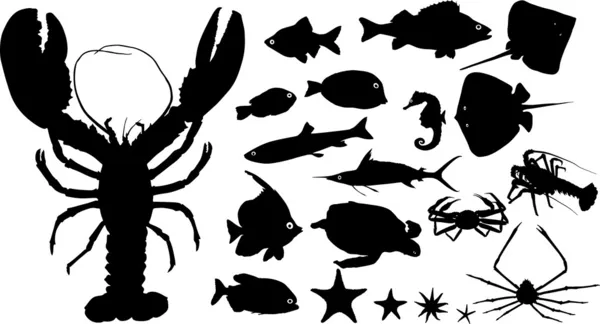 Muitas silhuetas de animais aquáticos — Vetor de Stock