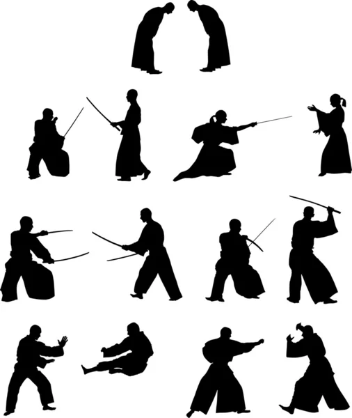 Molte sagome di combattimento samurai — Vettoriale Stock