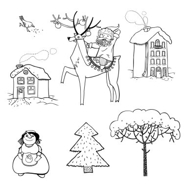 Set New Year's attributes: Santa, reindeer, snowman, winter clipart