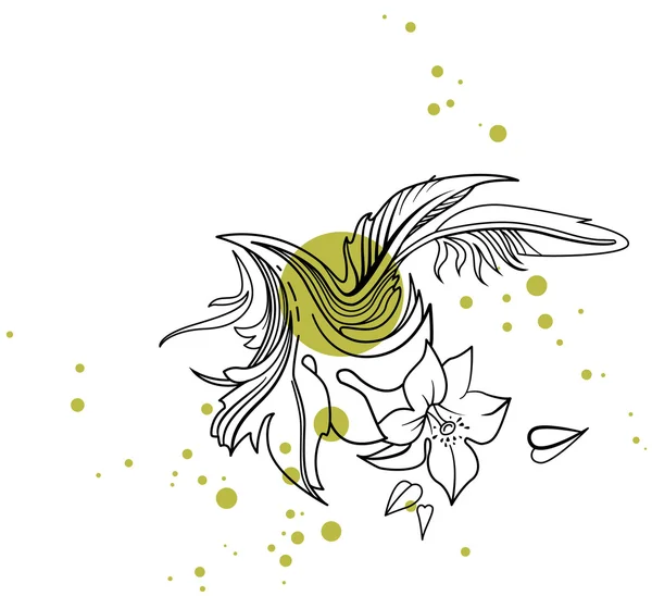 花和一根羽毛。线性素描 — 图库矢量图片