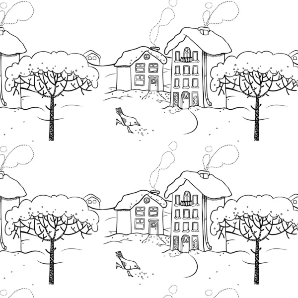 冬天大雪覆盖村庄。无缝模式 — 图库矢量图片