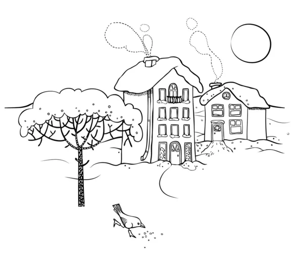 Winter sneeuw bedekte dorp met een vogel, een boom en de maan — Stockvector