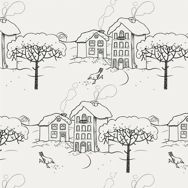 冬天的大雪覆盖的村庄与一只鸟和一棵树。无缝模式 — 图库矢量图片