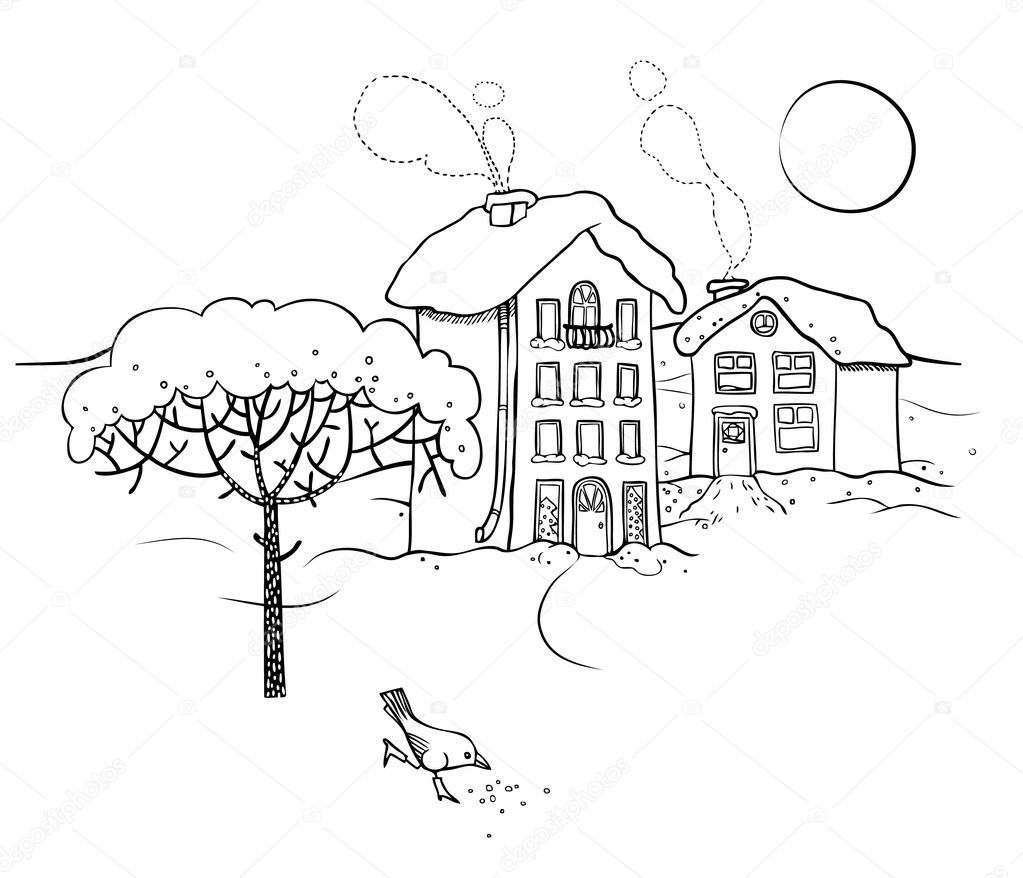 Winter snow-covered village with a bird, a tree and moon