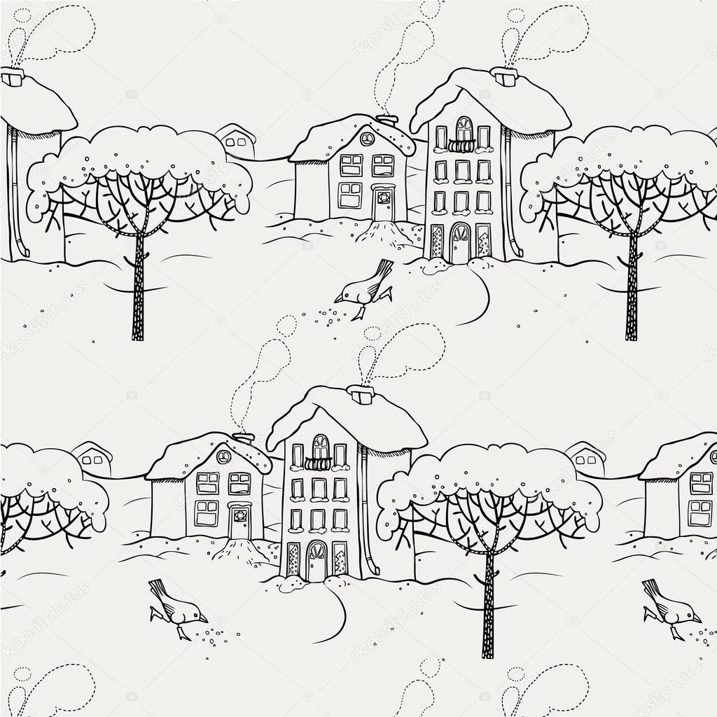 Winter snow-covered village with a bird and a tree. Seamless pattern