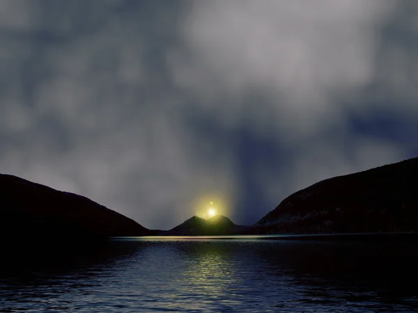 Glacier Lake Twilight Time Med Sol Ljus Över Hils — Stockfoto
