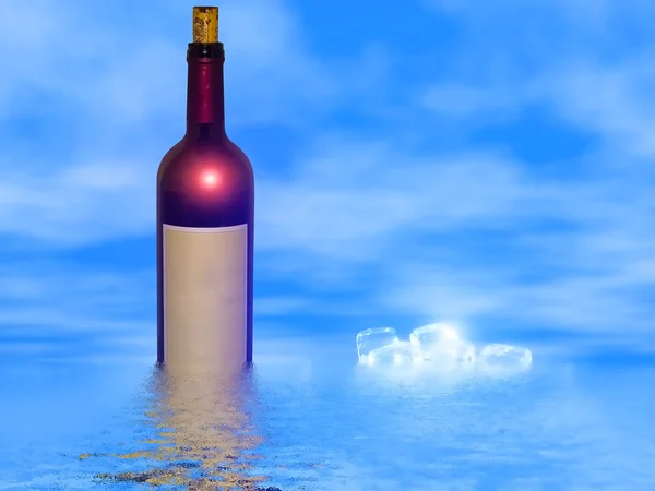 Бутылка Красного Вина Замороженной Воде Плавающими Кубиками Льда — стоковое фото
