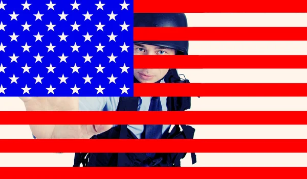 Φρουρά Άνθρωπος Πίσω Από Την Αμερικανική Σημαία Υπηρεσία — Φωτογραφία Αρχείου