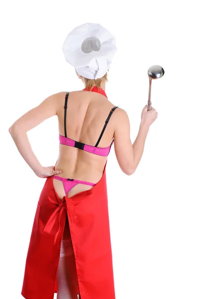 Belo cozinheiro com uma concha — Fotografia de Stock