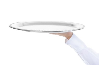 Waiter holding empty silver tray clipart