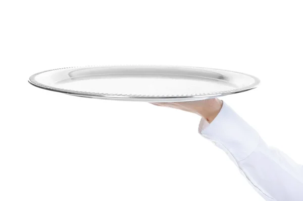 Kelner gospodarstwa pusta taca srebrna — Zdjęcie stockowe