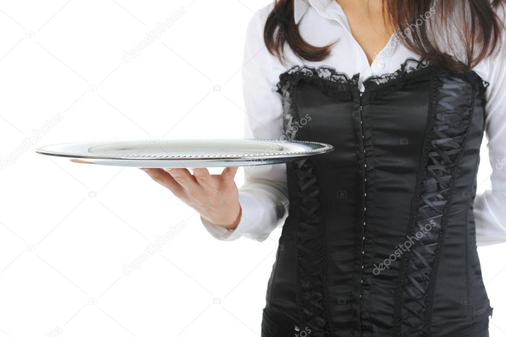 Waiter holding empty silver tray