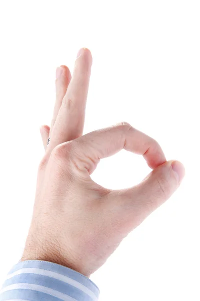 Männliche Hand gestikuliert Okay Zeichen isoliert auf weißem Hintergrund — Stockfoto