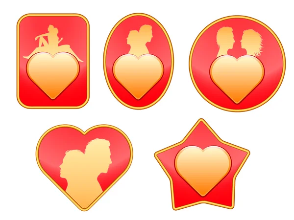 Distintivos Com Imagem Coração Silhueta Casal Apaixonado Fundo Vermelho Isolado — Vetor de Stock