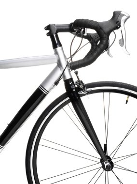 Racing bike detail. Studio photo of vehicle part, isolated on wgite background. clipart