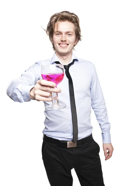 stock image Young man drink pink wine.