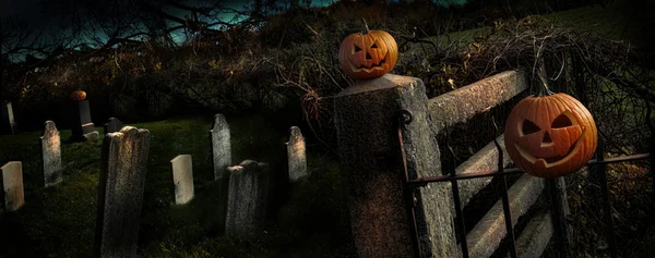 Zwei Halloween-Kürbisse sitzen auf Zaun — Stockfoto