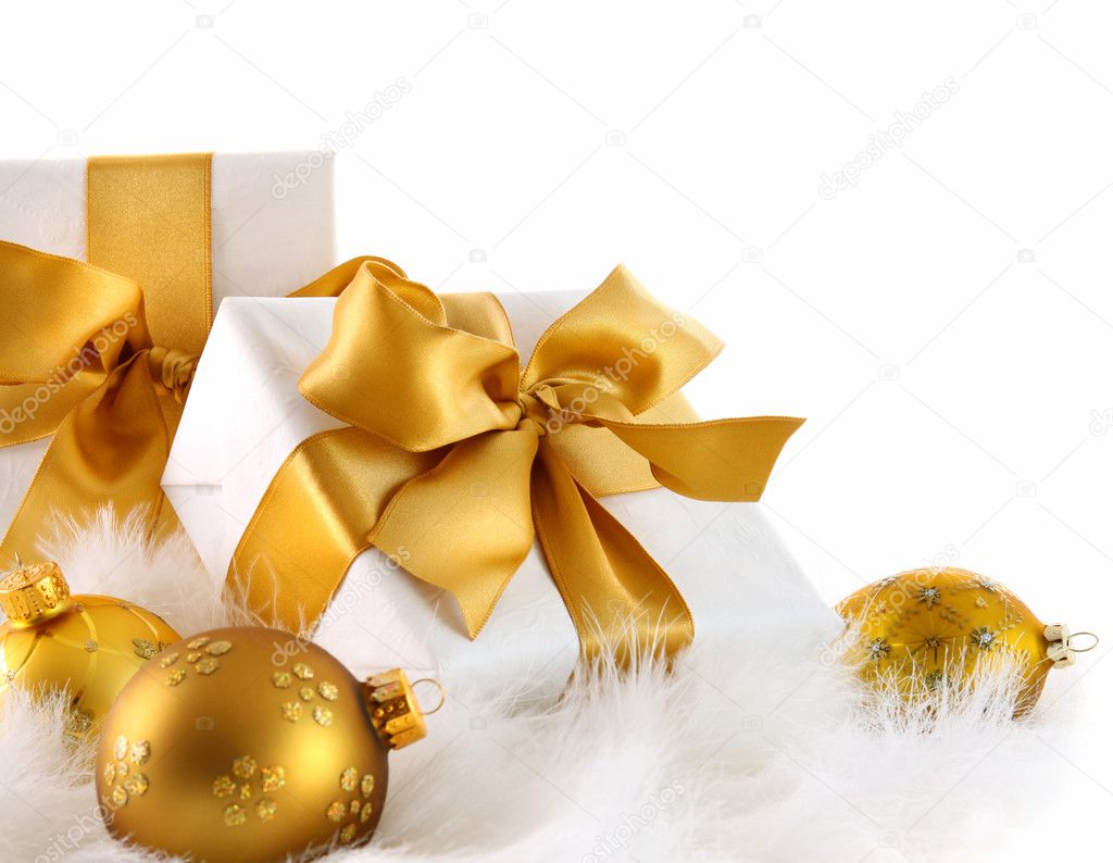 Gold ribbon gifts with Christmas balls